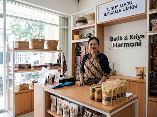 Pemilik UMKM berdiri di galeri batik dan kriya miliknya.